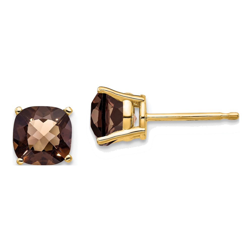 14K Yellow Gold 6mm Smoky Quartz Cushion Stud Earrings