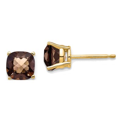 14K Yellow Gold 6mm Smoky Quartz Cushion Stud Earrings