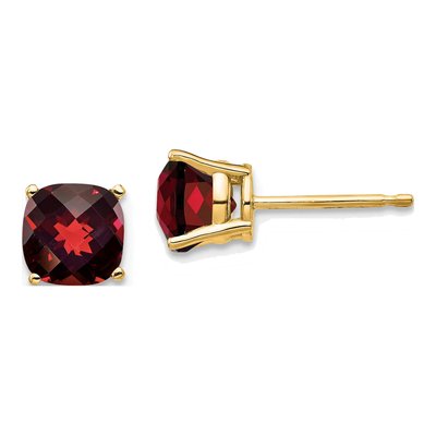 14K Yellow Gold 6mm Cushion Garnet Checkerboard Stud Earrings