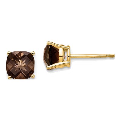 14K Yellow Gold 6mm Smoky Quartz Cushion Stud Earrings