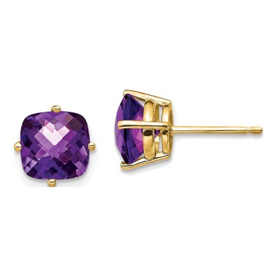 14K Yellow Gold 7mm Amethyst Cushion Stud Earrings