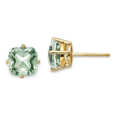 14K Yellow Gold 7mm Green Quartz Cushion Stud Earrings