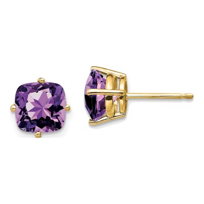 14K Yellow Gold 7mm Amethyst Cushion Stud Earrings