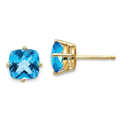 14K Yellow Gold 7mm Cushion Swiss Blue Topaz Stud Earrings