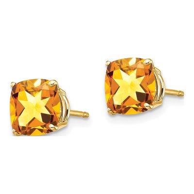 14K Yellow Gold 7mm Citrine Cushion Checkerboard Stud Earrings – view 2