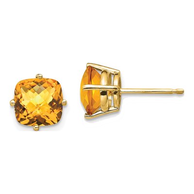 14K Yellow Gold 7mm Citrine Cushion Checkerboard Stud Earrings
