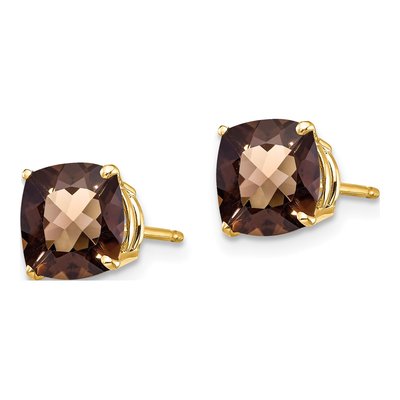 14K Yellow Gold 7mm Cushion Smoky Quartz Checkerboard Stud Earrings – view 2
