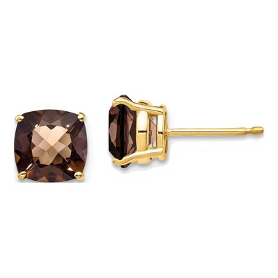 14K Yellow Gold 7mm Cushion Smoky Quartz Checkerboard Stud Earrings