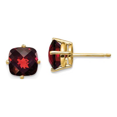 14K Yellow Gold 7mm Garnet Cushion Checkerboard Stud Earrings
