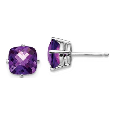 14K White Gold 7mm Cushion Amethyst Checkerboard Stud Earrings