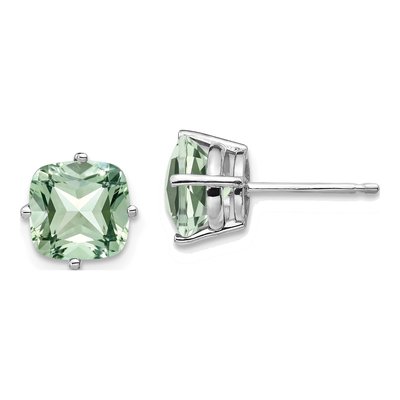 14K White Gold 7mm Green Quartz Cushion Stud Earrings