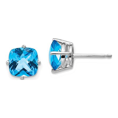 14K White Gold 7mm Swiss Blue Topaz Cushion Stud Earrings