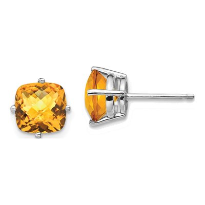 14K White Gold 7mm Citrine Cushion Stud Earrings