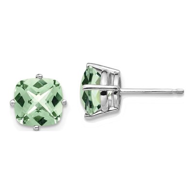 14K White Gold 7mm Cushion Green Quartz Checkerboard Stud Earrings