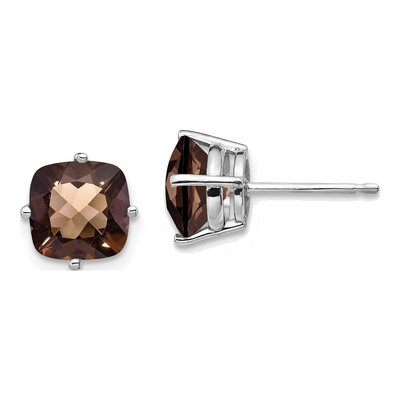 14K White Gold 7mm Cushion Smoky Quartz Checkerboard Stud Earrings