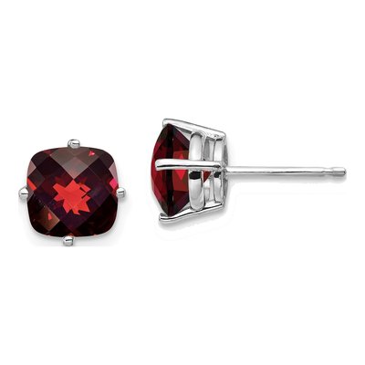 14K White Gold 7mm Garnet Cushion Checkerboard Stud Earrings