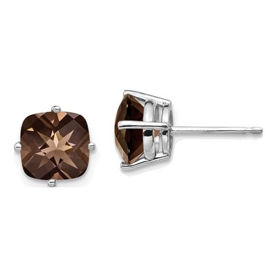 14K White Gold 7mm Smoky Quartz Cushion Stud Earrings