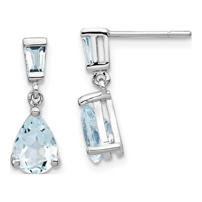 14K White Gold Aquamarine Pear Baguette Dangle Earrings