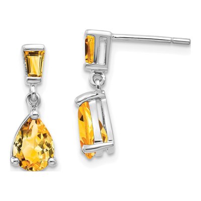 14K White Gold Citrine Pear Baguette Dangle Earrings