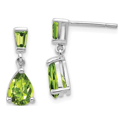 14K White Gold Peridot Pear Baguette Dangle Earrings