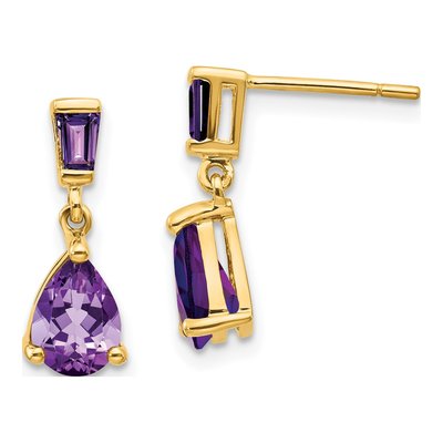 14K Yellow Gold Amethyst Pear Baguette Dangle Earrings