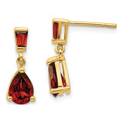 14K Yellow Gold Garnet Pear Baguette Dangle Earrings