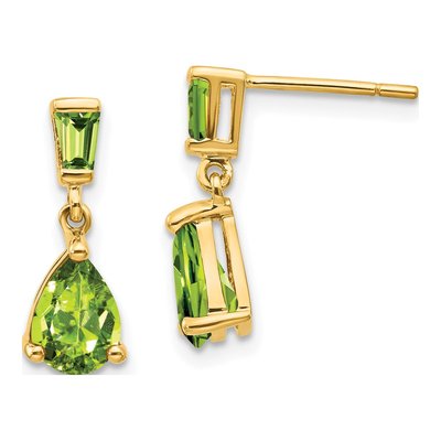 14K Yellow Gold Peridot Pear Baguette Dangle Earrings
