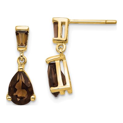 14K Yellow Gold Smoky Quartz Pear Baguette Dangle Earrings