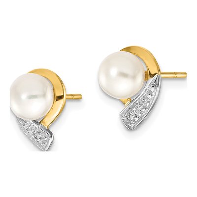 14K Yellow Gold 5.5mm Round Freshwater Cultured Pearl & Diamond Stud Earrings – view 2