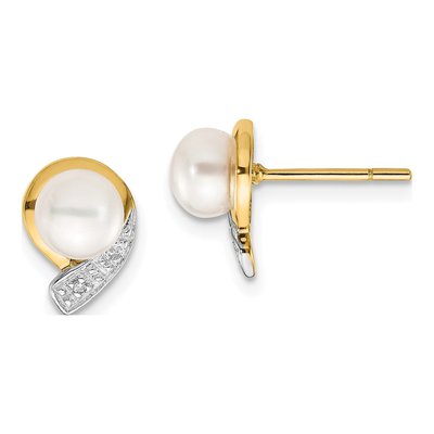 14K Yellow Gold 5.5mm Round Freshwater Cultured Pearl & Diamond Stud Earrings