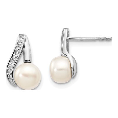 14K White Gold Freshwater Cultured Pearl & Diamond Dangle Earrings