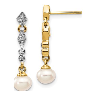 14K Yellow Gold Freshwater Cultured Pearl & Diamond Dangle Earrings