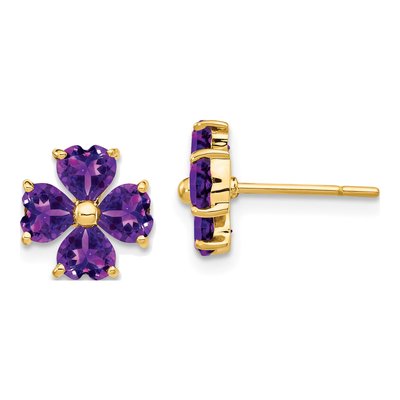 14K Yellow Gold Amethyst Heart Flower Stud Earrings