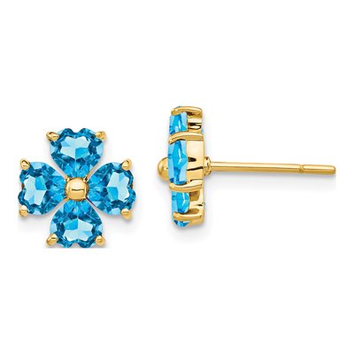 14K Yellow Gold Swiss Blue Topaz Heart Flower Stud Earrings