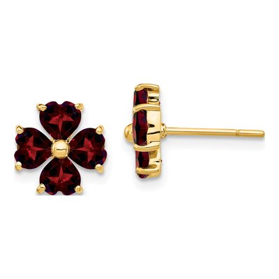 14K Yellow Gold Garnet Heart Flower Stud Earrings