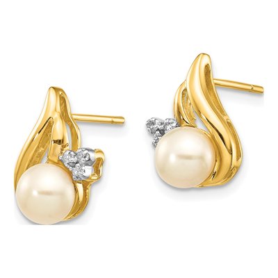 14K Yellow Gold Round Freshwater Cultured Pearl & Diamond Button Stud Earrings – view 2