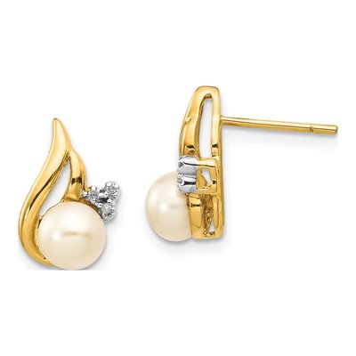 14K Yellow Gold Round Freshwater Cultured Pearl & Diamond Button Stud Earrings