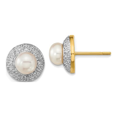 14K Yellow Gold 1/20 ct tw Round Freshwater Cultured Pearl & Diamond Button Stud Earrings