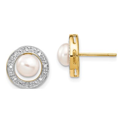 14K Yellow Gold 1/20 ct tw Round Freshwater Cultured Pearl & Diamond Button Stud Earrings