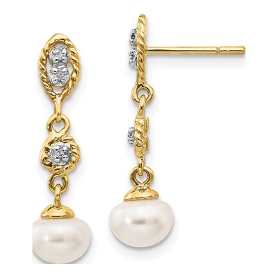 14K Yellow Gold Freshwater Cultured Pearl & Diamond Dangle Earrings