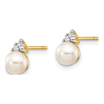 14K Yellow Gold Freshwater Cultured Pearl & Diamond Round Stud Earrings – view 2