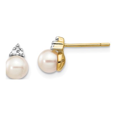 14K Yellow Gold Freshwater Cultured Pearl & Diamond Round Stud Earrings