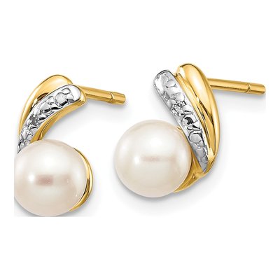 14K Yellow Gold Freshwater Cultured Pearl & Diamond Round Stud Earrings – view 2