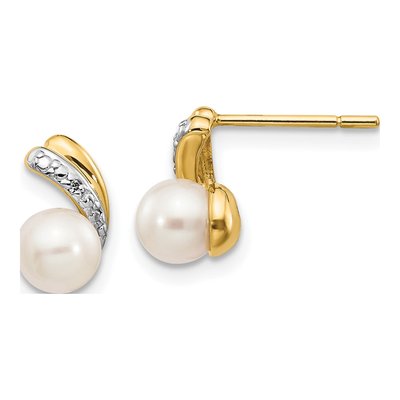 14K Yellow Gold Freshwater Cultured Pearl & Diamond Round Stud Earrings