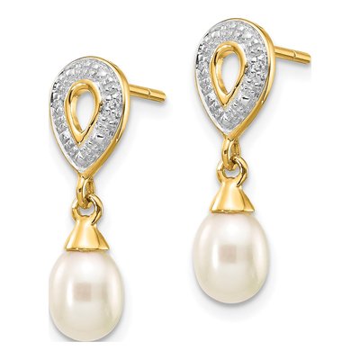 14K Yellow Gold Freshwater Cultured Pearl & Diamond Teardrop Dangle Earrings – view 2