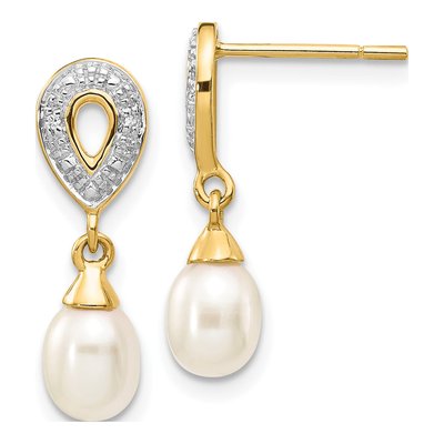 14K Yellow Gold Freshwater Cultured Pearl & Diamond Teardrop Dangle Earrings