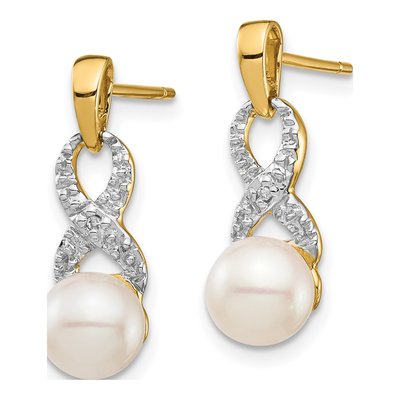 14K Yellow Gold Freshwater Cultured Pearl & Diamond Ribbon Dangle Earrings – view 2