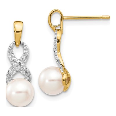 14K Yellow Gold Freshwater Cultured Pearl & Diamond Ribbon Dangle Earrings