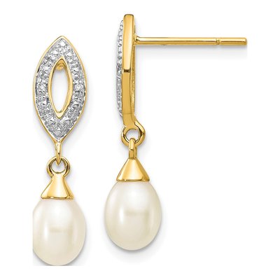 14K Yellow Gold Freshwater Cultured Pearl & Diamond Dangle Earrings