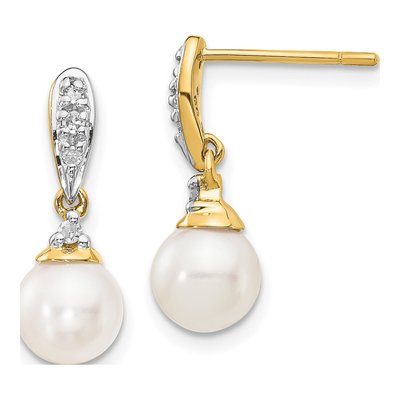 14K Yellow Gold 1/15 ct tw Freshwater Cultured Pearl & Diamond Dangle Earrings